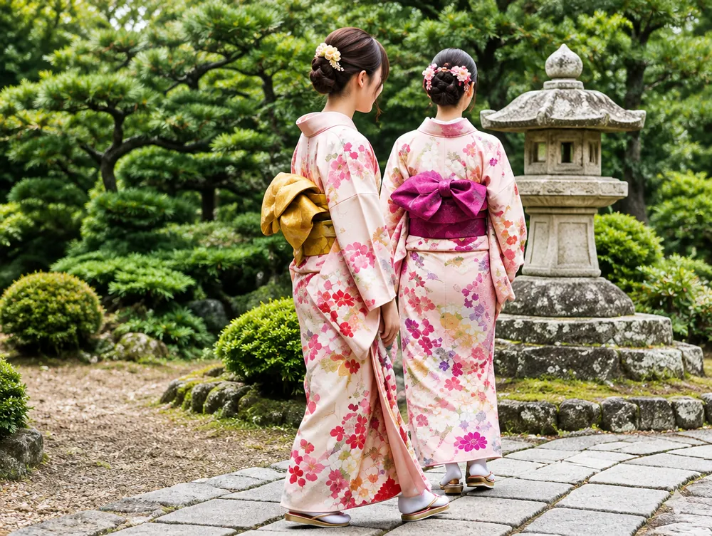 庭園の石畳を歩く着物姿の二人の後ろ姿