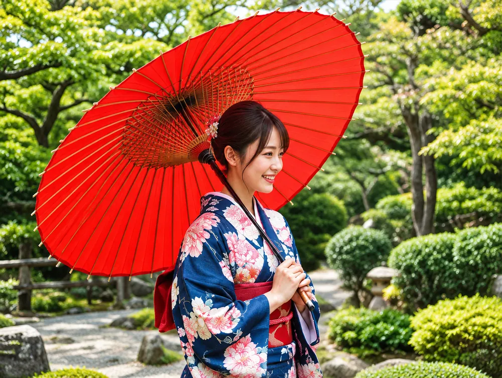 赤い番傘を差して微笑む着物姿の女性
