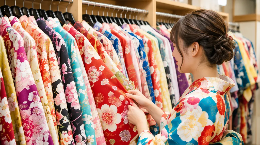 色とりどりの着物が並ぶ棚から一着を選ぶ女性