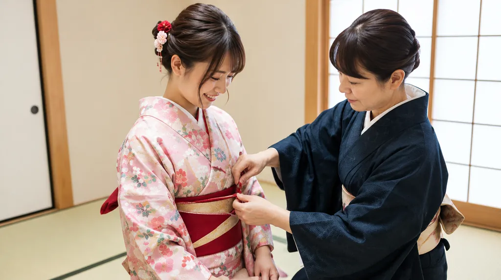 着付け師に帯を整えてもらう女性