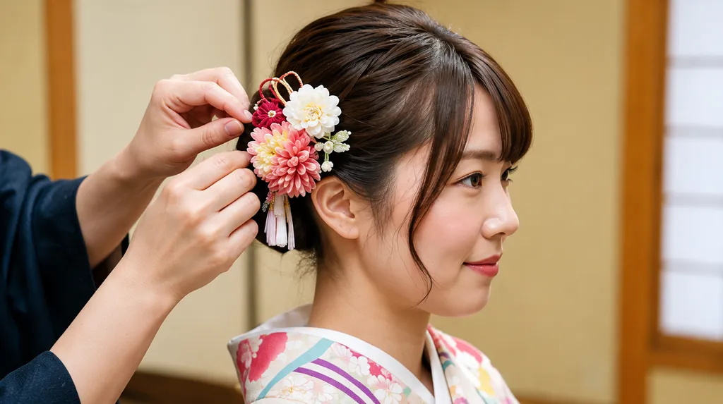 髪に花の髪飾りをつけてもらう女性