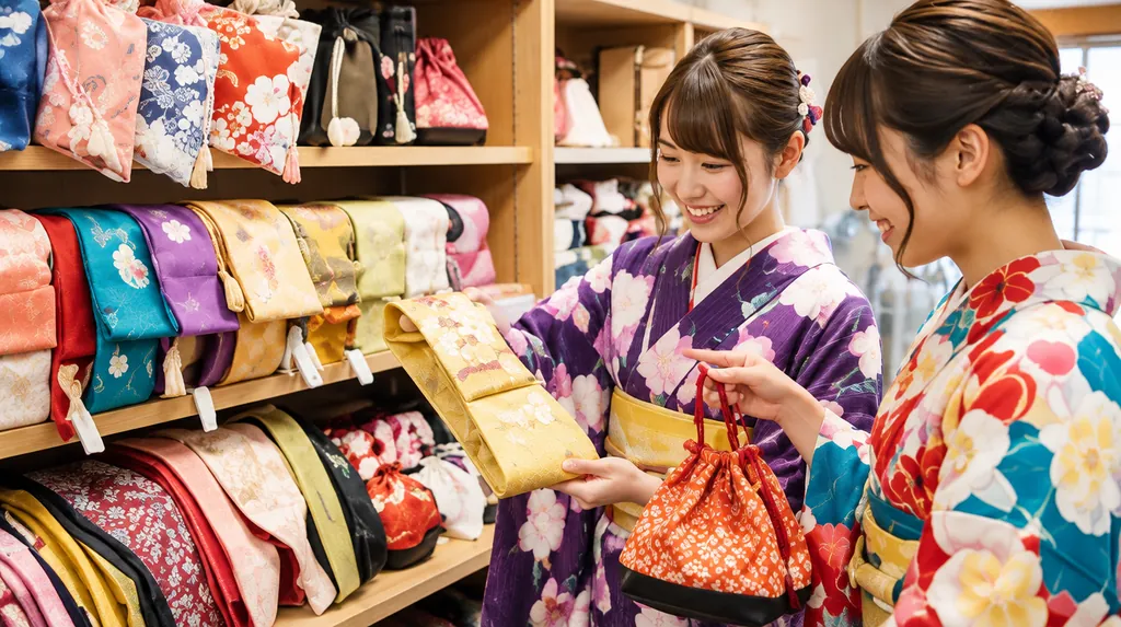 店内で帯や小物を選ぶ二人