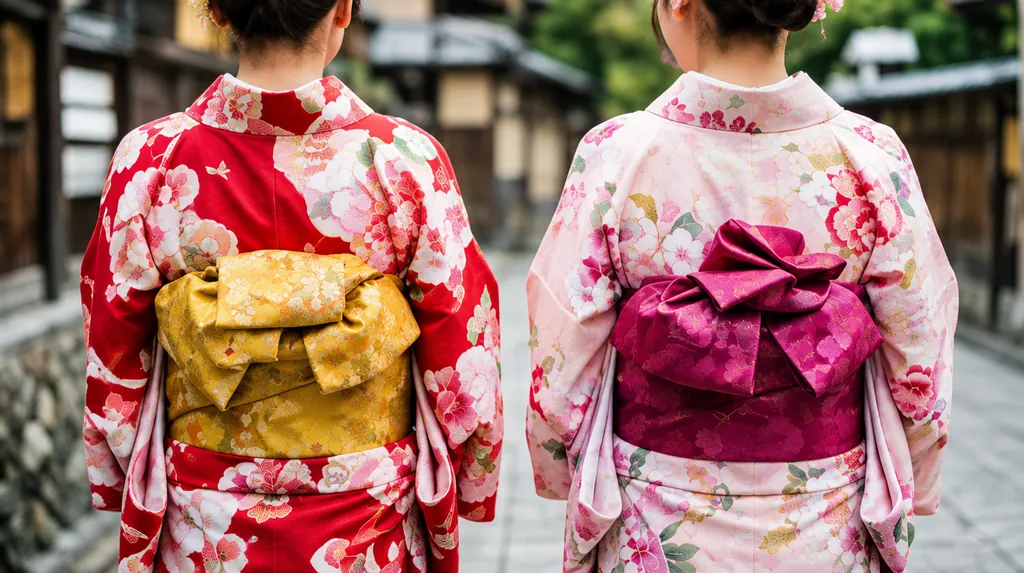 帯を結んだ着物姿の二人の後ろ姿