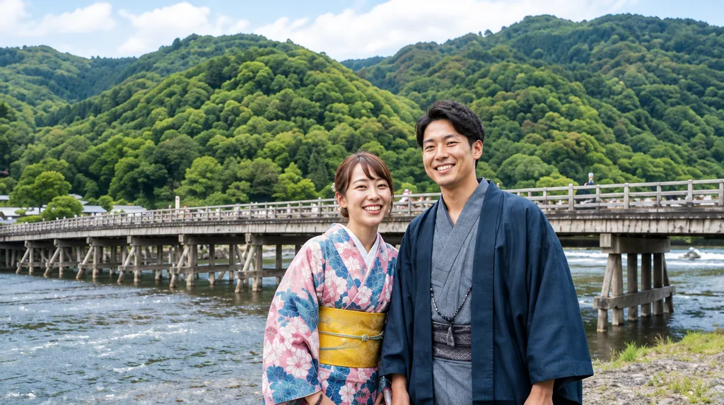 川沿いの橋の前で並ぶ着物姿の男女