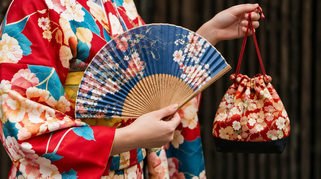 扇子と巾着を手にした着物姿